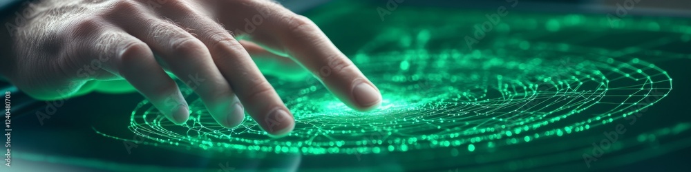 Poster Futuristic Data Interaction Hand Engaging with Holographic Particle Collision Interface - Innovative Theoretical Physics Visualization for Advanced Research Applications