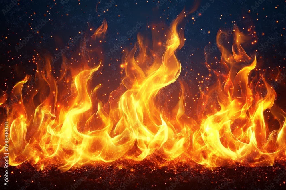 Poster vivid flames dance against a dark backdrop creating a mesmerizing display of fire and sparks at nigh