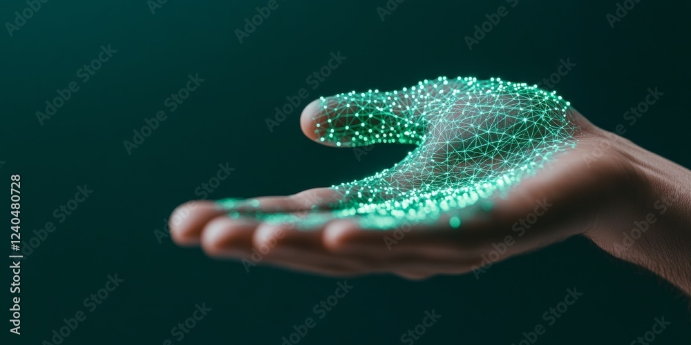 Poster futuristic cybersecurity hologram digital lock interface emerging from hand - advanced infosec solut