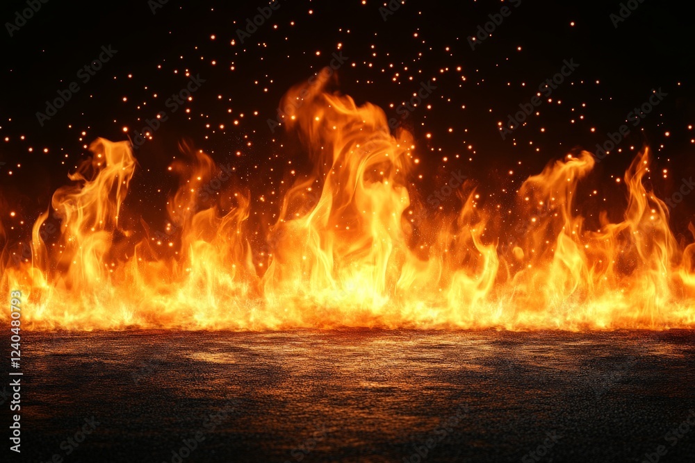 Poster Intense flames and glowing sparks create a captivating visual display in a darkened environment