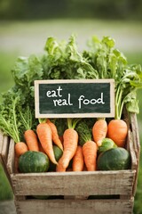 Rustic Farm-to-Table Display Wooden Crate of Vibrant Vegetables and Chalkboard Sign for Healthy Eating Campaign - Sustainable Nutrition Content and Local Produce Promotion