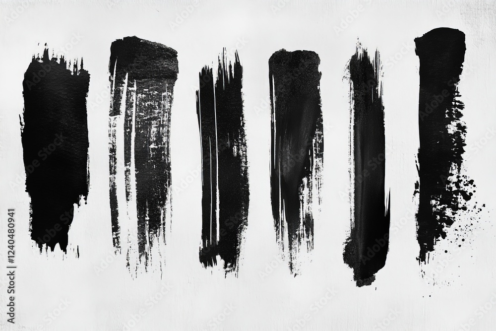 Poster black paint strokes on a white background showcasing varied textures and styles created by artistic 