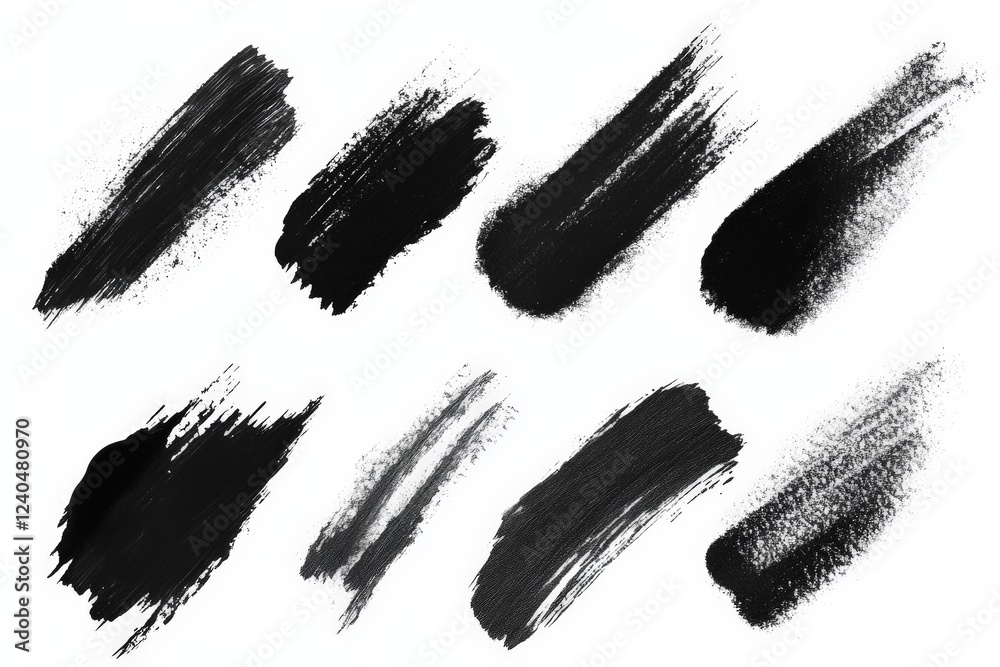 Poster Different brush strokes of black paint arranged in a creative layout on a white background showcasing various textures and techniques