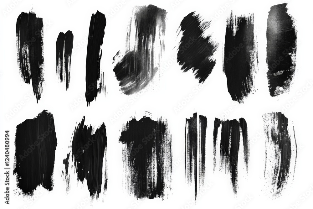 Poster variety of black brush strokes on a white background showcasing different textures and styles for ar