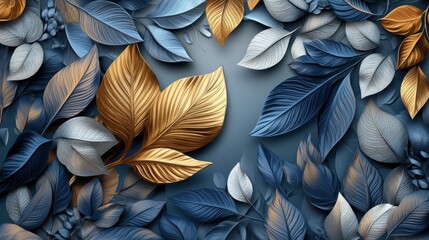 Elegant Blue Gold Silver Leaf Pattern Background Wallpaper Design