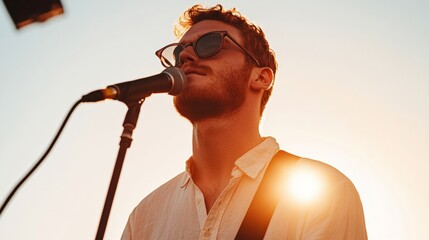 Sunlit Indie Music Performance Bearded Male Vocalist with Retro Sunglasses and Acoustic Guitar - Youth-Focused Festival Content and Live Sound Marketing Strategy