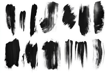Variety of black brush strokes on a white background showcasing different textures and styles for artistic expression