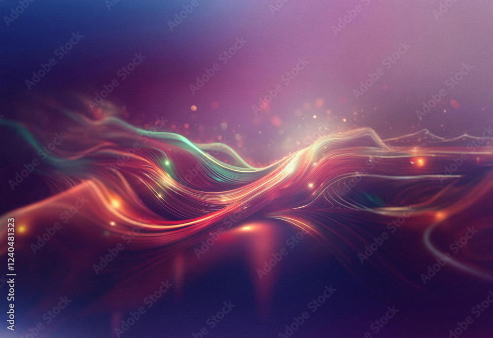 Poster abstract sci-fi background featuring a double exposure effect. flowing, luminous waves of red, teal,