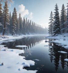 serene snow-covered forest with a frozen lake, tranquility, snowy woods