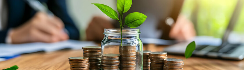 A growing plant symbolizes investment and financial growth in a professional setting.