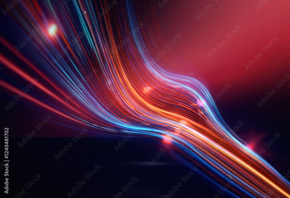 Poster abstract sci-fi background featuring a double exposure effect. wavy, luminous streaks of light in vi