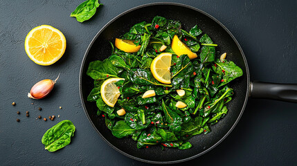 Saut&eacute;ed chard greens with garlic and lemon, served in a pan with soft natural light in food photography
