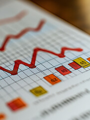 Close-up of a graph showing fluctuating data points, represented by a red line and colored blocks.