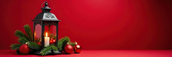 Ornate metal lantern filled with a pine branch wreath and colorful ornaments, , Christmas decorations, red background