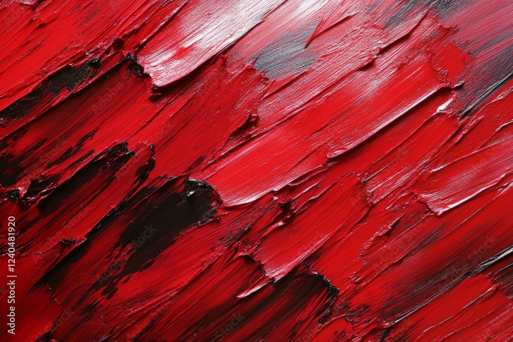 Poster bold red and black textured painting showcasing dynamic brush strokes in abstract art form