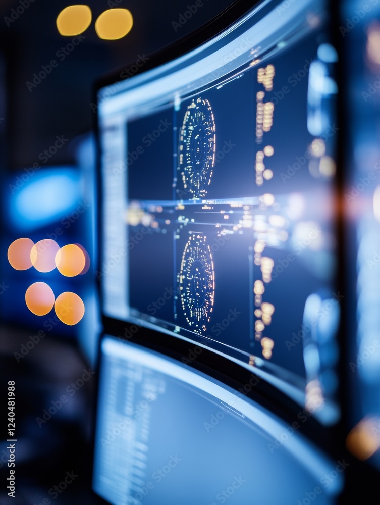 Poster Futuristic Control Room Display Curved LED Monitors with Data Visualizations - Streamlined Facility Management and Digital Efficiency in Industrial Operations