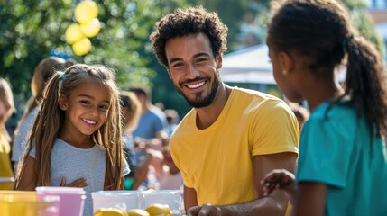 Parents volunteering at a school event, helping set up activities and engaging with students