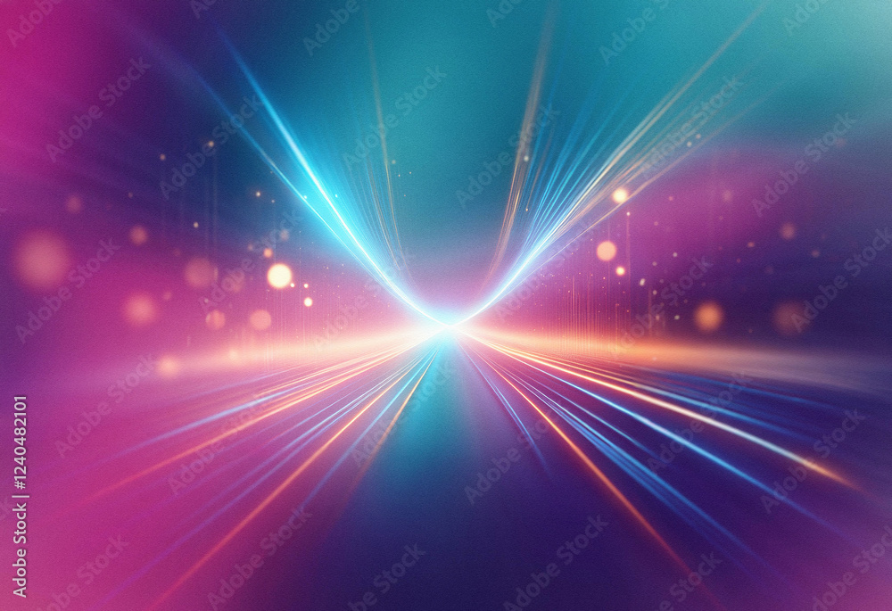 Poster Abstract sci-fi background featuring a double exposure effect.  Vibrant streaks of light converge, creating a dynamic, futuristic perspective.