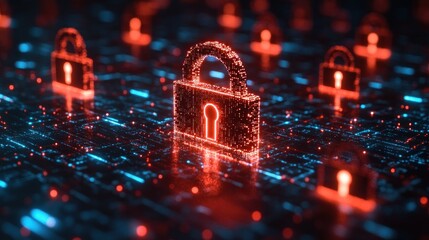 Cyber security network, digital locks, glowing data, protection