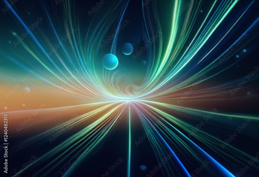 Poster abstract sci-fi double exposure image. glowing lines converge towards a bright horizon, resembling a