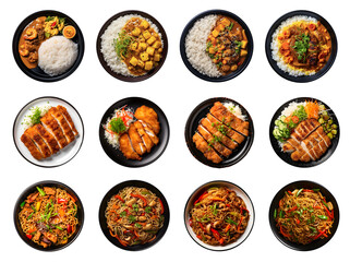 Top view collection of tasty menu Japanese food in black plate, Tonkatsu Fried pork rice, Yakisoba Stir-fried noodles, Curry Rice, isolated on white background, png