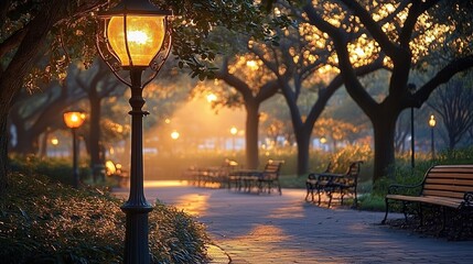 A beautiful street lamp illuminates the park in the early morning, casting a warm light on the trees and benches, creating an atmosphere of tranquility and serenity