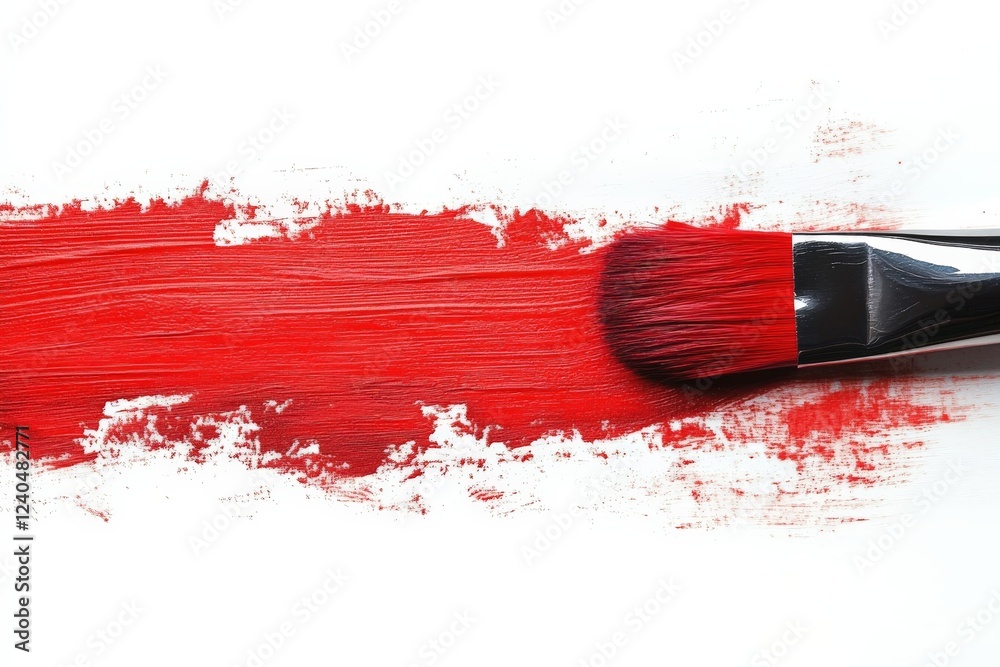 Poster Vibrant red paint being applied with a brush on a textured surface during an artistic project