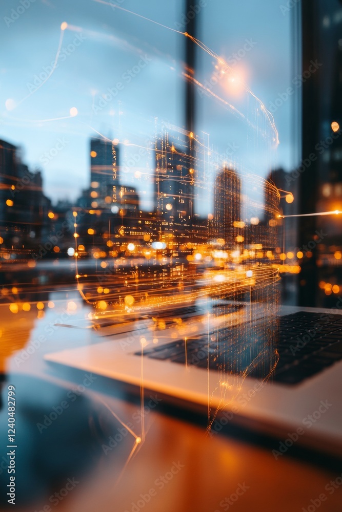 Poster Urban Digital Workspace Sleek Laptop with Holographic Graphs and City Lights - Advanced Business Innovation and Collaborative Tech for Modern Professional Environments