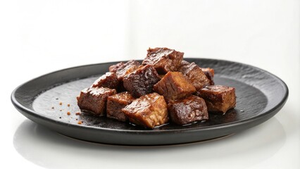 Sizzling beef cubes on a dark plate against a white background, dry frying technique, tasty treat, seared to perfection, juicy meat, colorful plate