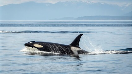 Fototapeta premium Sleek killer whale glides through the ocean, animal swimming, ocean animal, black and white markings