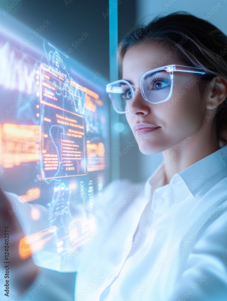 Poster neon tech workspace latina woman engaging with holographic data display - advanced business solution