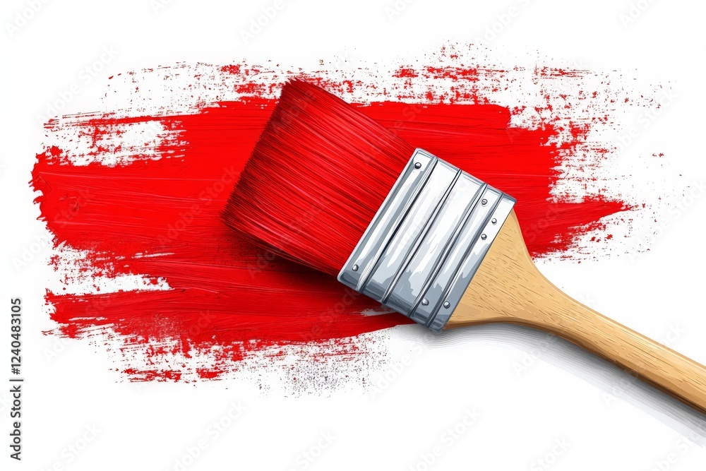 Poster Brush covered in red paint rests on textured surface while splatters create an artistic backdrop