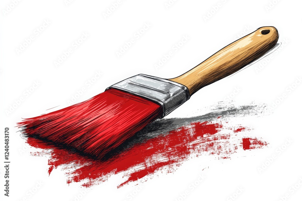 Poster bright red paint brush rests on a stroke of vivid color on a clean surface