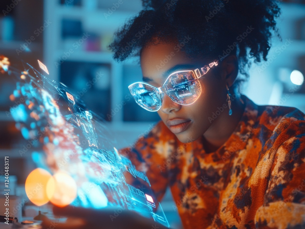 Aufkleber augmented reality artistry young woman innovates with holographic design tools in home studio - adva