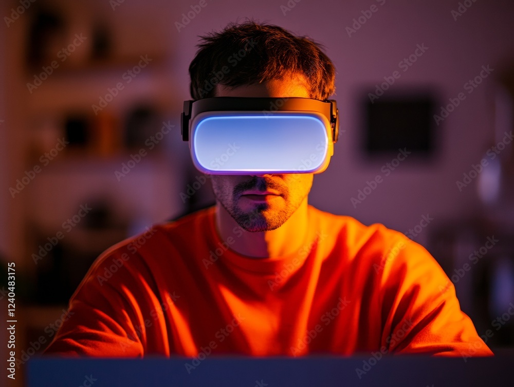 Fototapete neon tech aesthetic young developer in vr headset navigates virtual workspaces in dim studio - next-