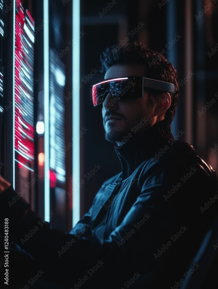 Aufkleber neo-tech workspace young man with futuristic ar glasses engaging with holographic interface - cuttin
