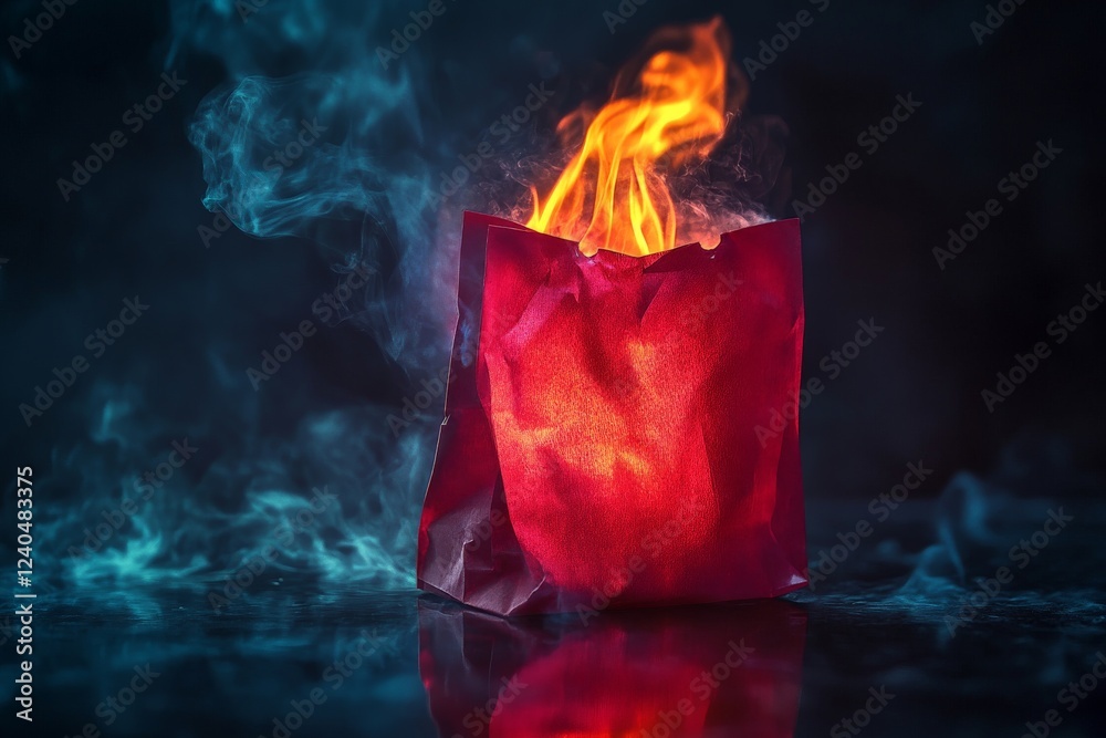 Poster flames erupt from a red paper bag surrounded by swirling smoke in a dark setting, creating a dramati