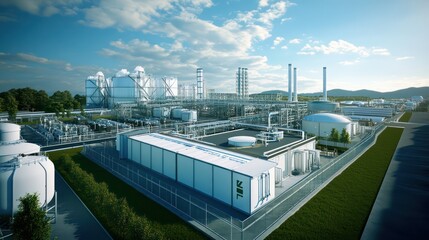 Advanced hydrogen storage solutions in sprawling industrial zones, compact and efficient systems blending with green tech