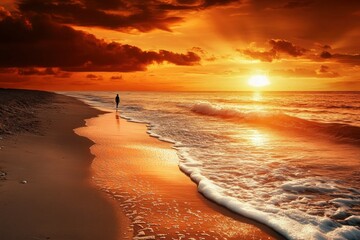 A person enjoying a solitary walk along a beach at sunset, with waves gently rolling in and vibrant orange hues in the sky.