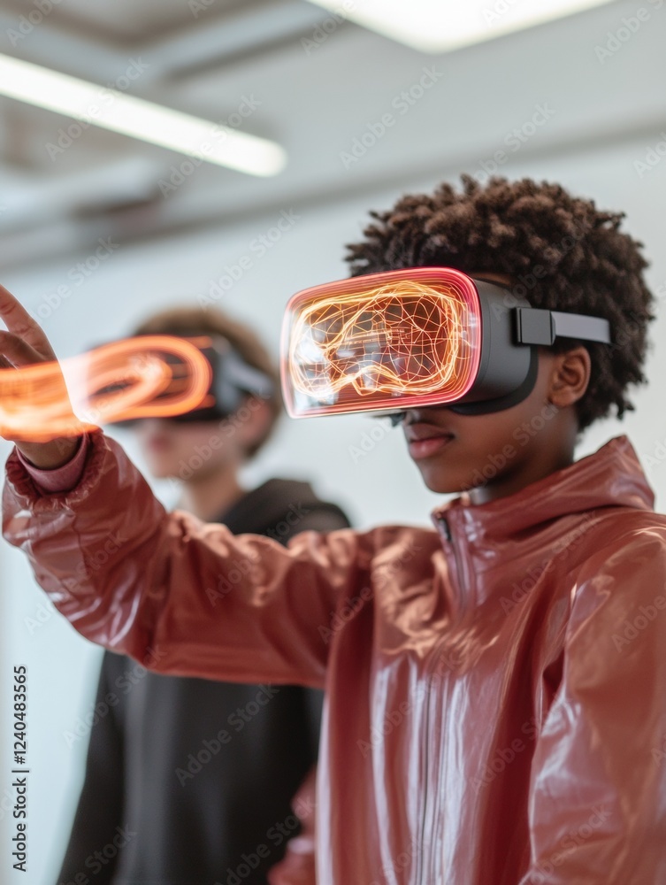 Poster Futuristic VR Collaboration Teens in Modern Tech Lab with Holographic Screen - Cutting-Edge Development for Interactive Design and Education Solutions