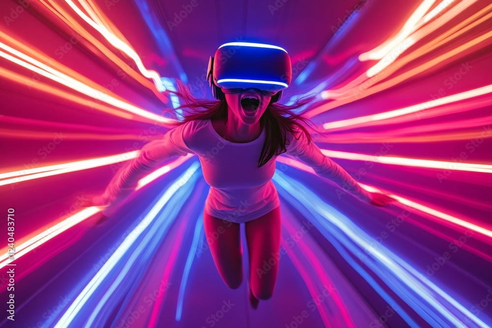 Poster vibrant vr gaming neon motion blur experience with futuristic textures - dynamic content for tech an