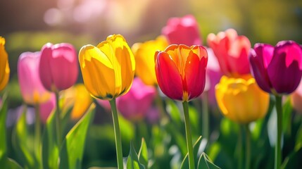 Obraz premium Vibrant Garden of Colorful Tulips in Bloom Under Soft Sunlight, Capturing the Essence of Spring Beauty in Nature’s Palette