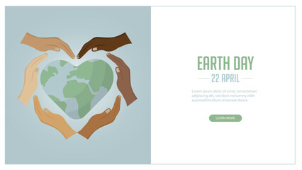 Earth day banner illustration. Diverse Hands Forming Heart Around Earth Globe. Multiracial hands. global unity and environmental protection. Inclusion and humanitarian concept. Vector illustration