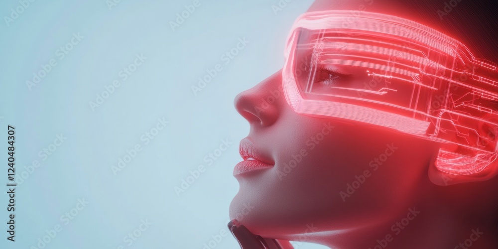 Poster Futuristic Virtual Reality Interface Neon Digital Face Scan on Model with LED Elements - Advanced AI Integration for Tech Innovation and Modern Corporate Branding