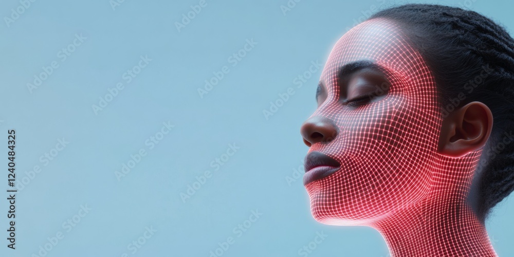 Poster Futuristic AI Face Scan Overlay Digital Mesh on Female Model Against Minimalist Blue - Cutting-Edge Tech Visuals for Innovation in AI Integration and High-Tech Marketing Solutions
