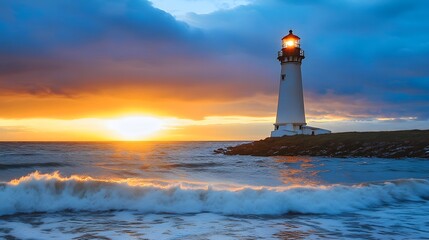 Fototapeta premium Dramatic Lighthouse Sunset Seascape Ocean Waves