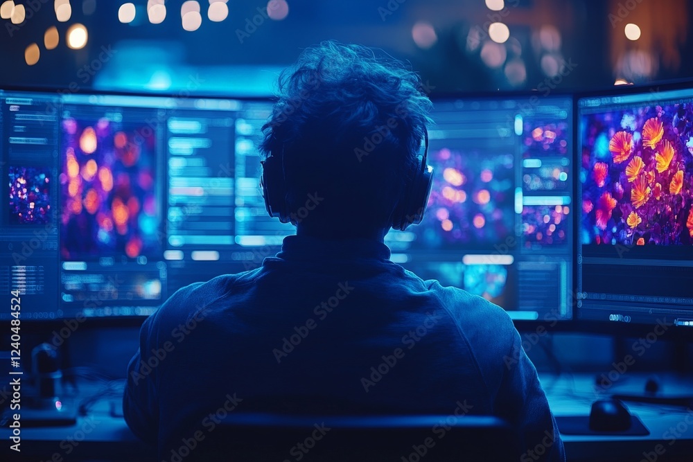 Poster Person with headphones analyzing vibrant data visuals in a modern tech workspace during nighttime