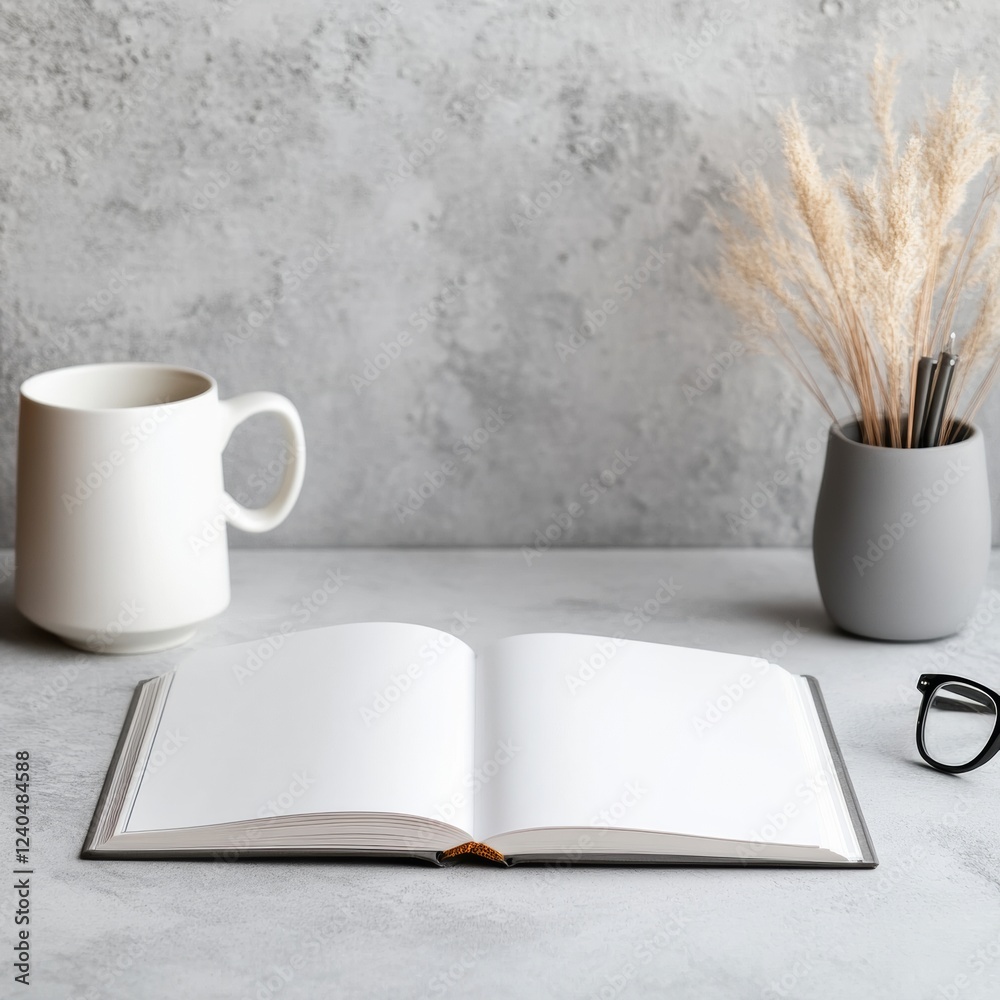 Poster clean minimalist academic setup open textbook and coffee mug on concrete surface - study material co