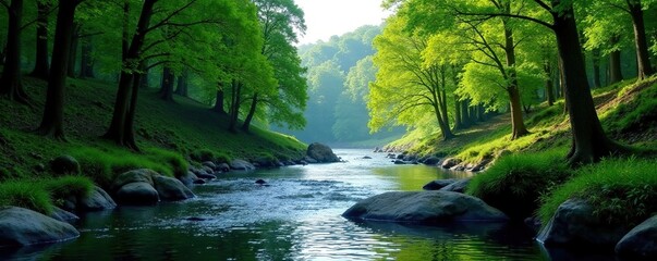 River flowing through lush forest of towering trees, nature, river