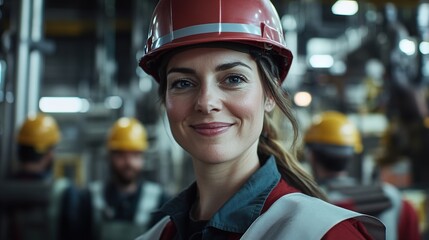A group of workers, wearing helmets and work , are smiling at the camera with their faces visible in close-up. 